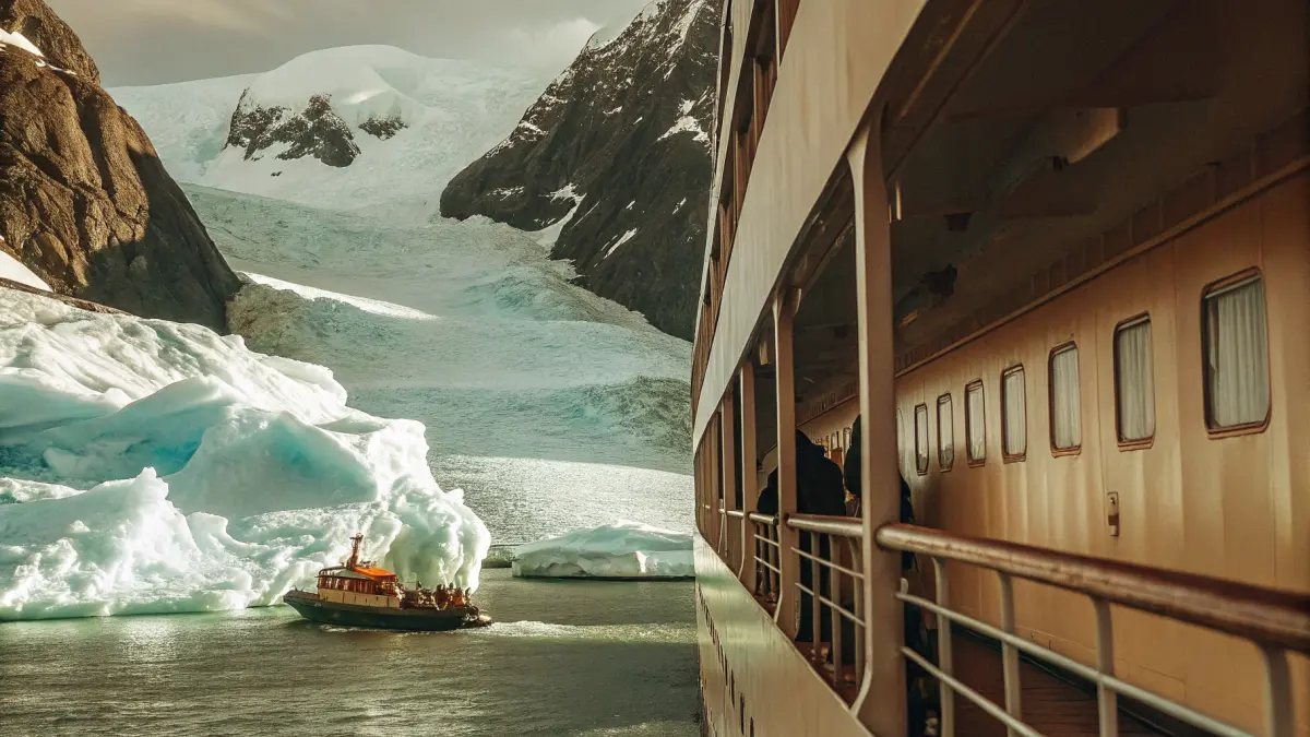 Ekspedīcijas laiva starp ledāju kalniem Antarktīdā ar pingvīniem uz ledus gabala