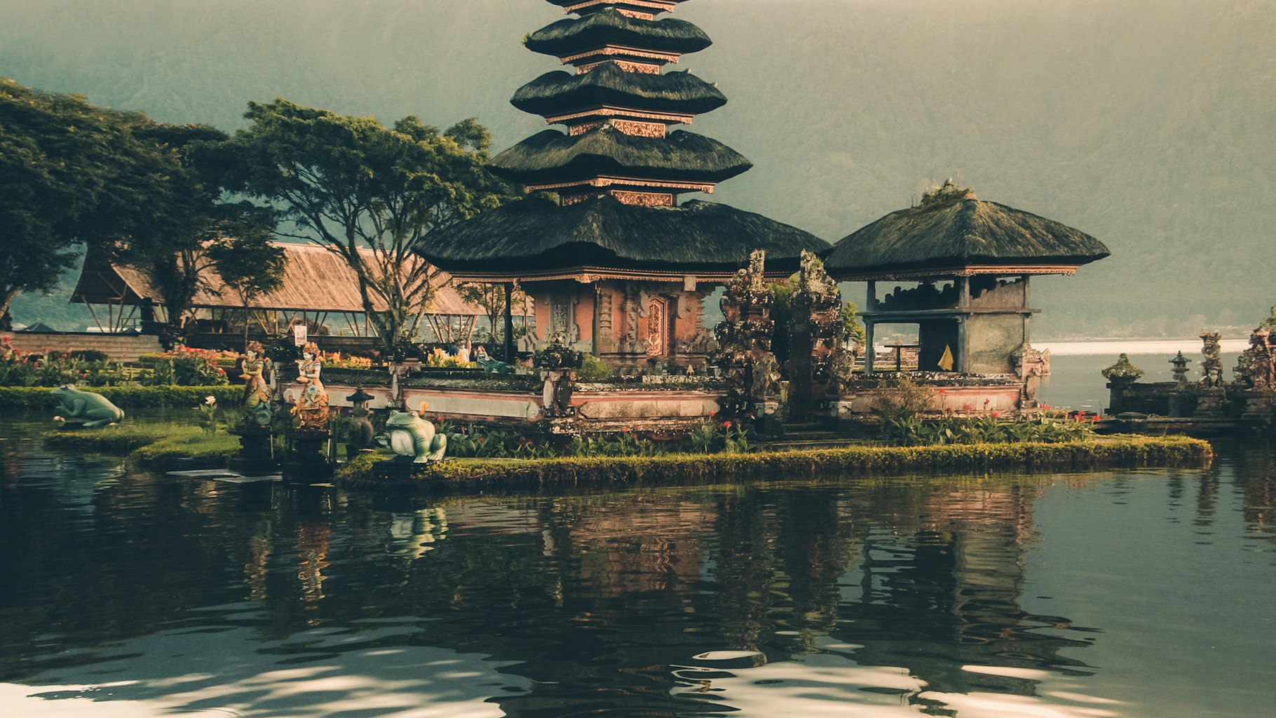 Bali rīsu terases ar palmu kokiem un vulkāna siluetu fonā