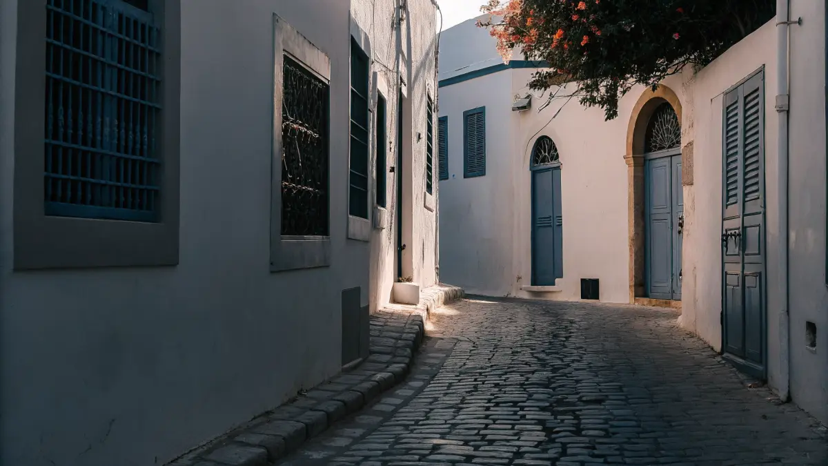 Sidi Bou Said baltās mājas ar zilajām durvīm Tunisijā