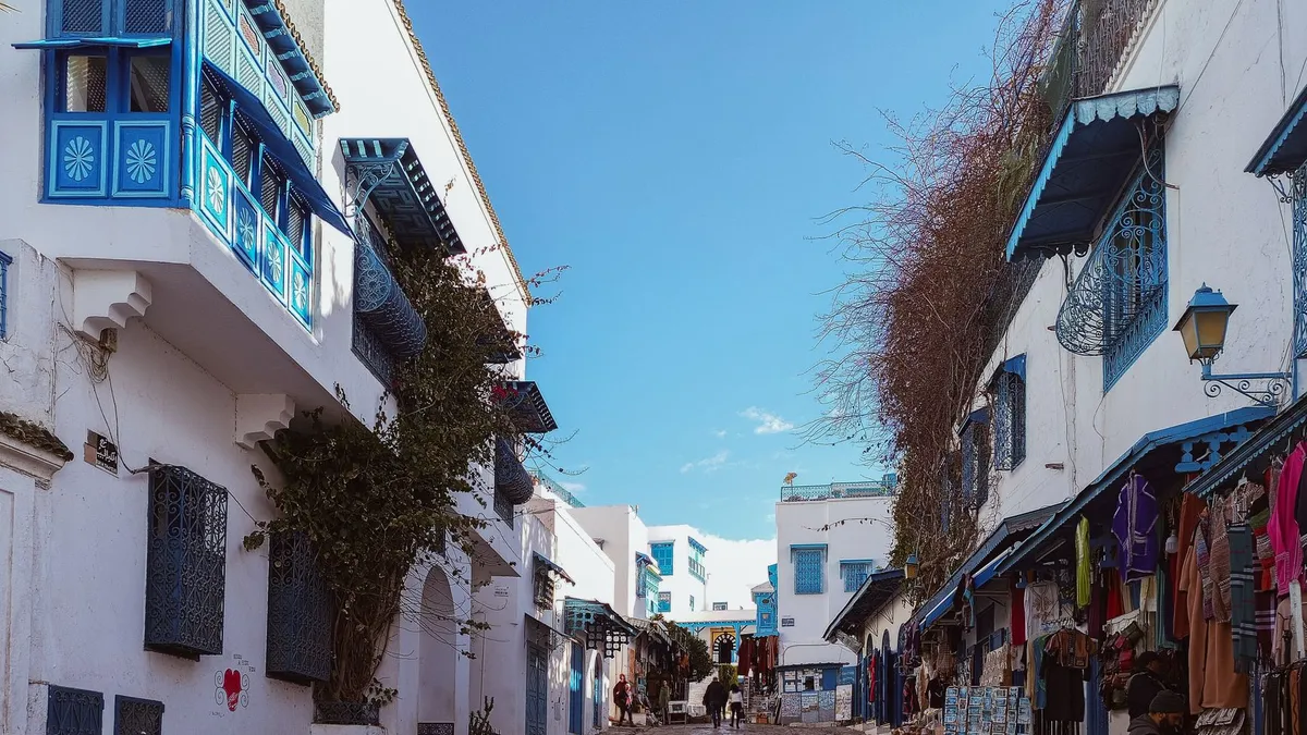 Šaurā, bruģētā iela Sidi Bou Saidā, Tunisijā, ar baltām ēkām un spilgti ziliem logiem un balkoniem. Šaurā, bruģētā iela Sidi Bou Saidā, Tunisijā, ar baltām ēkām un spilgti ziliem logiem un balkoniem.