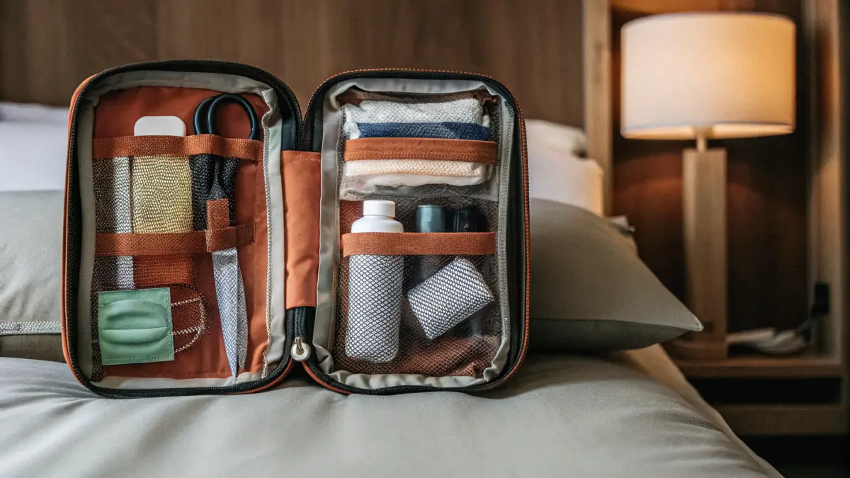 Ceļojuma aptieciņa ar medikamentiem un dezinfekcijas līdzekli uz kartes fona