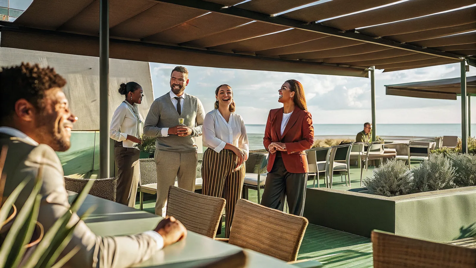 Kolēģu grupa pie jūras svin ceļojuma laikā — komandas saliedēšanas pasākums