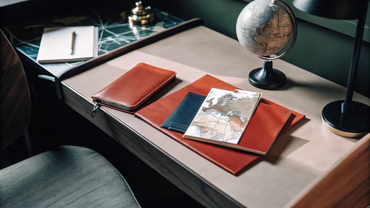 Ceļojumu dizainere plāno maršrutu uz pasaules kartes ar piezīmēm un fotogrāfijām