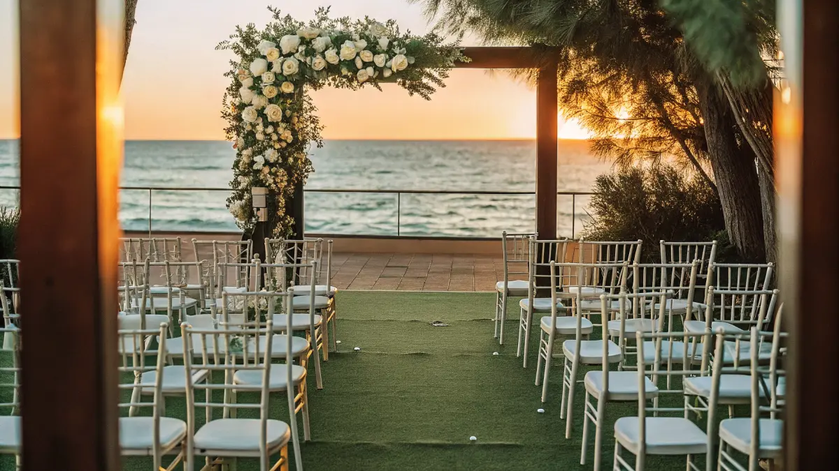 Romantiska kāzu ceremonija pludmalē saulrietā ar tropu ziediem