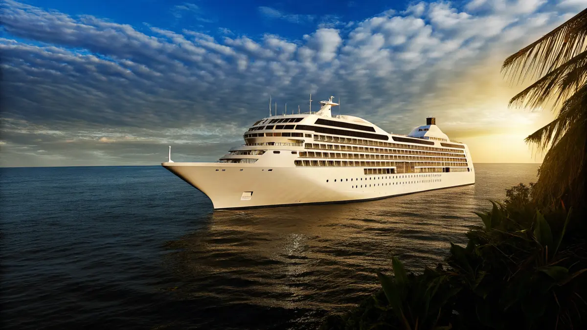 Royal Caribbean kruīza kuģis pie tropiskās salas ar tirkīzzilu ūdeni