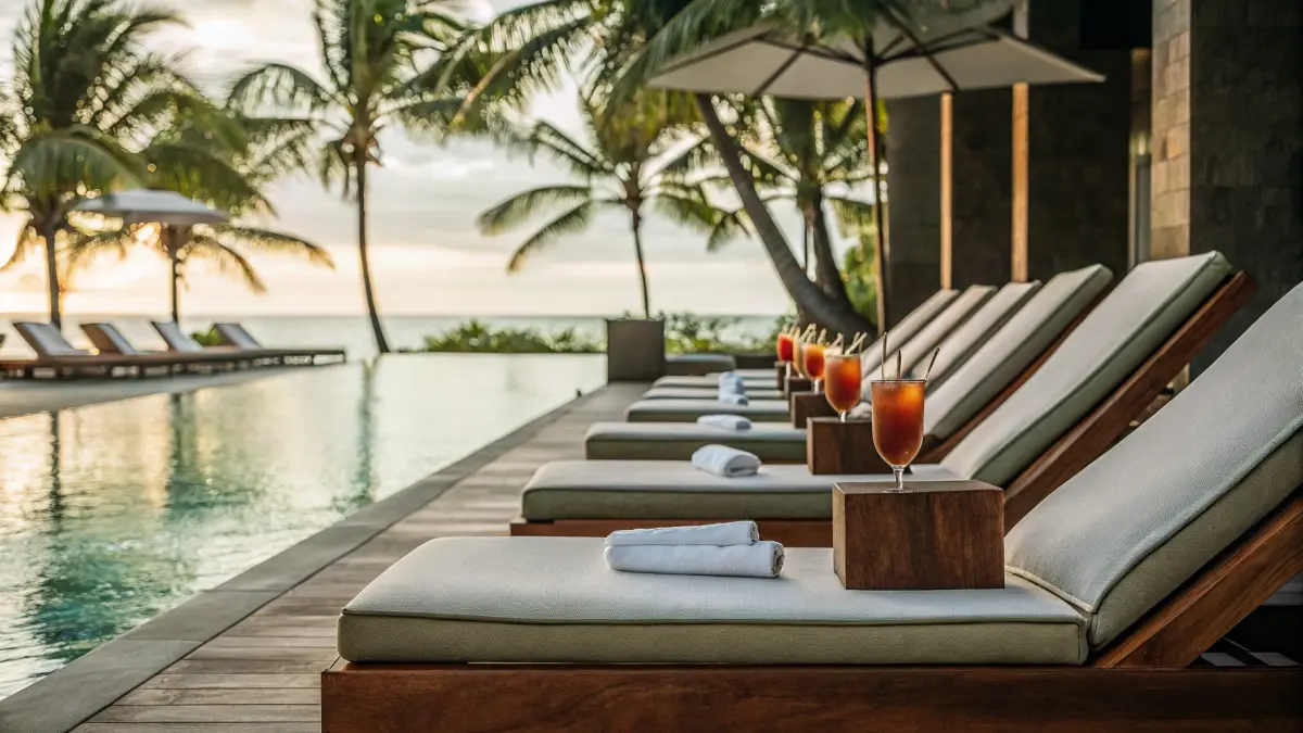 Viesnīcas terases skats uz Grankanārijas pludmali un palmu aleju