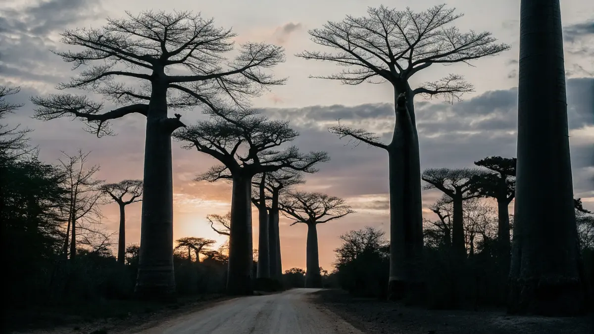 Lemurs sēž uz baobaba atzara Madagaskaras savanā — oranžas acis spīd saulē