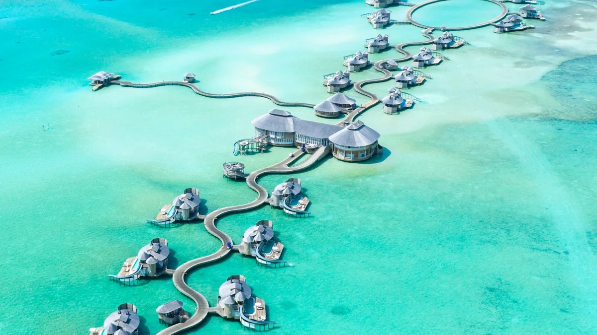 Zanzibāras sarkanaini smilts pludmale ar palmu kokiem un Maldīvu kristālskaidrs ūdens ar viļļu pāli uz horizonta